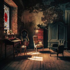 Naklejka premium Old room with brick wall, vintage background