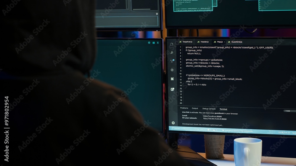 Poster dangerous man hacking, stealing credit card numbers and infiltrating banking systems, handheld camer