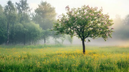 Fototapeta premium Solitary Blooming Tree in a Misty Meadow