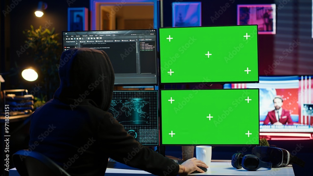 Poster hooded man writing lines of code on green screen pc from apartment, trying to get past security syst