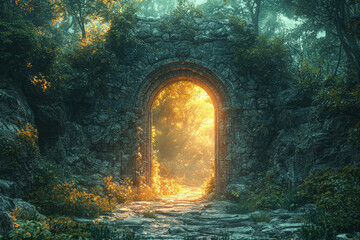 Fototapeta premium A mystical portal opening in the middle of a forest, revealing another world beyond. Concept of alternate realities and magical journeys.