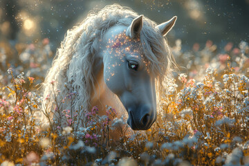 Fototapeta premium A mystical creature, a unicorn with a mane of stardust, grazing in an enchanted meadow. Concept of purity and magical creatures.