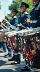 Obraz premium Military orchestra drummers in uniform performing at outdoor event on sunny day.