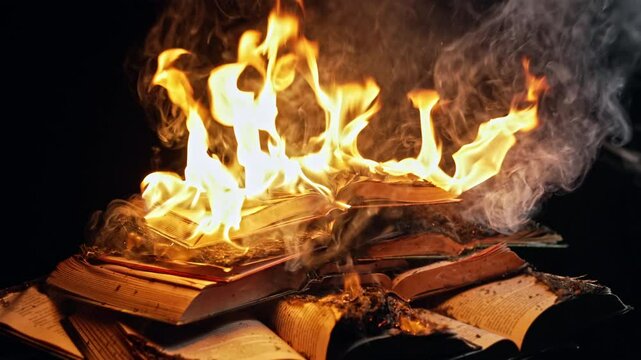 Old Open Books Burning. Big Bright Flame On Papers. Destruction Of Diary. Concept of censorship, prohibition of freedom information, 451 fahrenheit, old literature paper format is no longer in demand