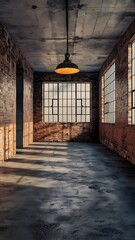 Obraz premium High resolution brick concrete room with ceiling lamp