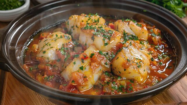 Bacalao al Pil Pil on the table moves with smoke around
