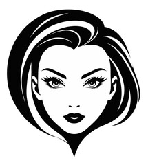 Woman's face with blown-out bob hairstyle 1990s. Black and white ideal for logo, emblem, products