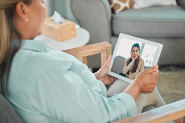 Video call, therapist and woman on tablet for counseling, professional support or online consultation. Mental health, digital app and psychologist with telehealth, medical advice or patient on screen