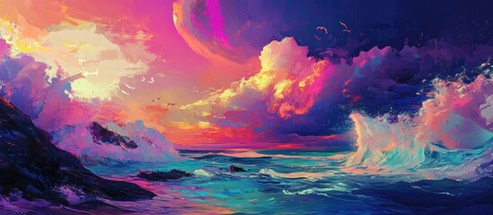 A vibrant and surreal ocean landscape bursting with color