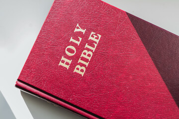 A close-up view of a red Holy Bible book with a textured cover and gold lettering during daylight