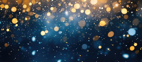 Gold And Holographic Confetti Falls On A Light Blue Sky Snowflakes On A Vintage Blue Grey Wall Blurred Dark Navy Blue Holiday Backdrop With Ample Space Deep Blue High Quality Background