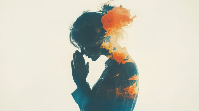 Beautiful young woman holding her hand to her face and praying. Digital drawing.