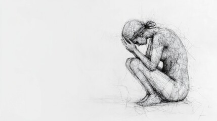 Sad woman sitting on the floor with hands on her head, praying.
