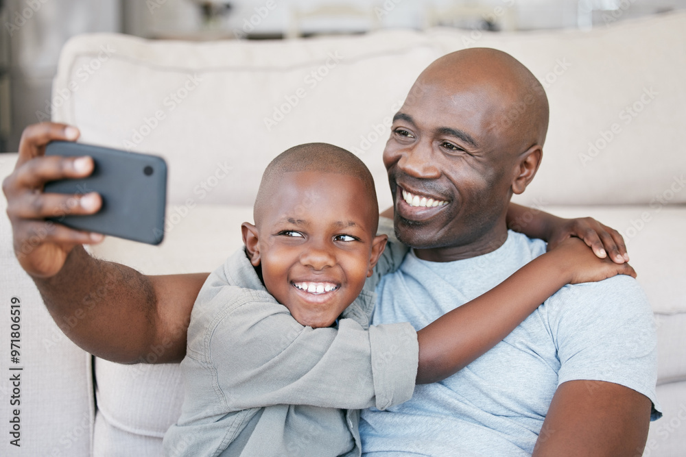 Poster Black people, dad and happy with son on selfie at home on floor for social media, memories and profile picture. Family, parent and smile with kid in living room for bonding, support and childcare