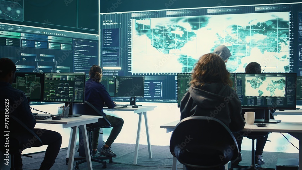 Poster group of governmental hackers using hacking tools to secure a network, focusing on cyber defense and