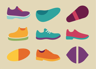 A set of nine colorful and flat-style shoe icons, perfect for web design, mobile apps, or any project that needs a touch of fashion.