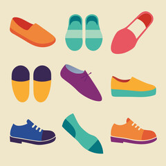 Set of nine colorful shoes in a flat design style, including loafers, sneakers, and dress shoes. Perfect for fashion blogs, website designs, or any project that needs a stylish and modern touch.