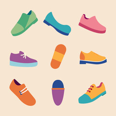 Set of colorful flat shoes and slippers in various styles, perfect for creating fun and playful illustrations or designs. These simple and vibrant icons are ideal for fashion, retail.