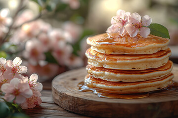A stack of pancakes on a wooden picnic table in a blooming orchard. Concept of wholesome breakfast and springtime freshness.