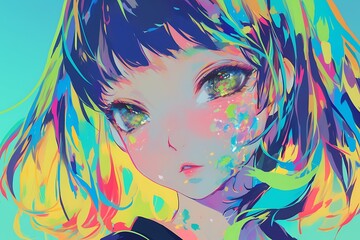 Naklejka premium Anime girl with colorful hair and vibrant makeup, digital art illustration