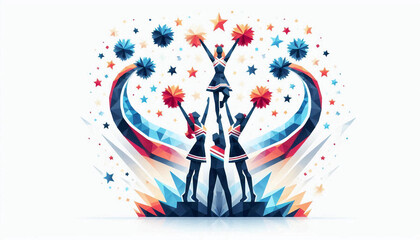 Fractal cheer leading graphic with cheer leaders raised pom poms competition routine sports supporting cheering on white background