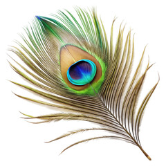 Single peacock feather closeup Isolated on transparent background.
