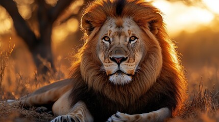 Fototapeta premium A powerful and majestic lion with a regal mane rests in the golden light of the African savannah, capturing the essence of the wild and the beauty of nature during sunset.
