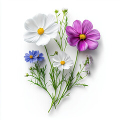 A vibrant collection of pink, white, and purple cosmos flowers with green stems isolated on a white background.