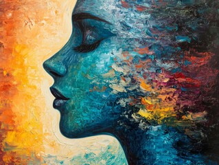 This abstract painting features a striking contrast of bold, vibrant colors and rich, textured brushstrokes, evoking a sense of duality and emotional depth.