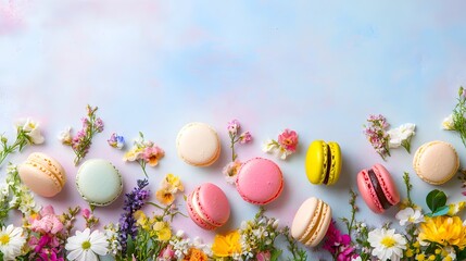 Assorted colorful macarons with fresh flowers on pastel background. Gourmet and floral aesthetics.
