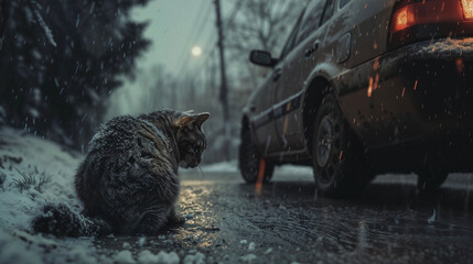 Abandoned feline braves winter storm. Stray cat seeks shelter amid harsh snowfall. Neglected animal highlights urban pet crisis. Car's glow illuminates desperate search for warmth. Poignant scene urge