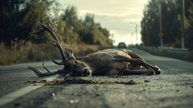 Tragic scene of deer roadkill on rural highway. Fallen animal with impressive antlers. Autumn trees line road. Car visible in distance. Sobering reminder of human-wildlife conflict