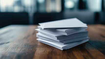 A stack of white paper envelopes neatly arranged on a wooden desk in an office setting with soft lighting.