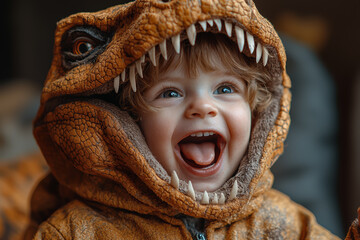 Fototapeta premium A child in a dinosaur costume, pretending to stomp around and roar. Concept of adorable and funny kids' costumes.
