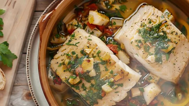Bacalao al Pil Pil on the table moves with smoke around