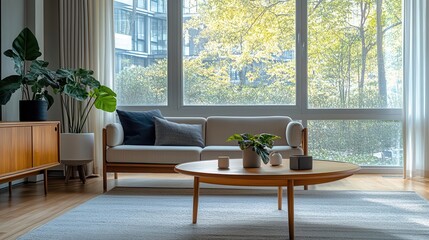 Modern midcentury living space with a stylish teak coffee table, large windows, soft natural light,...