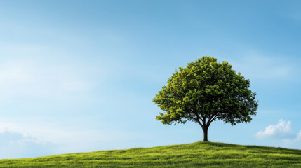 A solitary tree on a grassy hill under a bright blue sky, representing nature, solitude, and simplicity in a peaceful landscape.