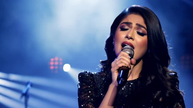 Talented young woman passionately singing on stage with band in the background. Concept of live music performance, artistic expression, captivating stage presence