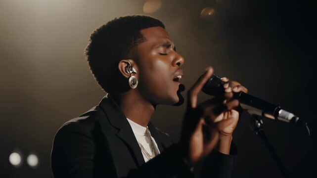 Young African American man passionately singing on stage under a spotlight. Concept of musical performance, emotional expression, live concert