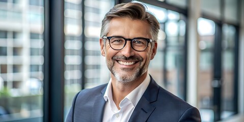 Smiling middle-aged businessman, confident CEO, 45, wearing glasses in office.