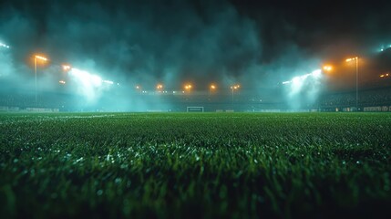 Football stadium with misty atmosphere under night lighting
