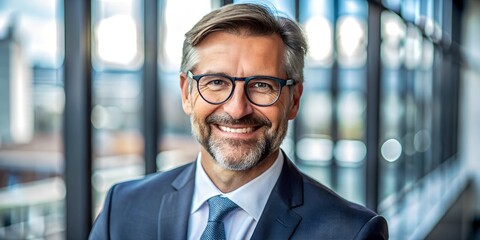 Smiling middle-aged businessman, confident CEO, 45, wearing glasses in office.