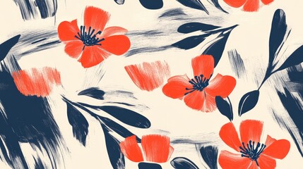 Seamless pattern featuring decorative flower buds with abstract brush stroke background Curved wavy shapes create a botanical floral texture ideal for fabric textile and fashion design