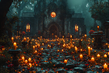A medieval church holding a vigil on All Hallows' Eve, with parishioners lighting candles for the dead. Concept of Halloween in medieval religious practices.