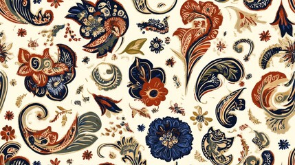 Seamless pattern of paisley and vintage floral designs featuring an ethnic inspired background