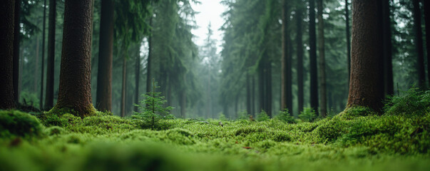 A serene view of a forest floor covered in lush green moss, with towering pine trees stretching into the foggy distance.