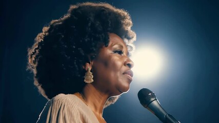 African American woman speaking into a microphone on stage. Concept of public speaking, motivational speech, professional presentation