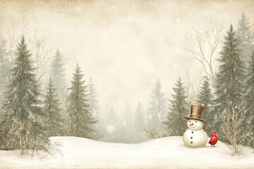 Obraz premium christmas card design water color painting illustration of a snowman with little red cardinal bird on the snow 