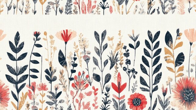 Modern boho geometric floral quilt style seamless border pattern featuring a shabby chic Scandinavian repeat trim edge background with a linen banner effect