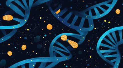 Scientific health illustration showcasing genetics and heredity with DNA helices symbolizing human genetic variations and mutations contributing to evolutionary progress